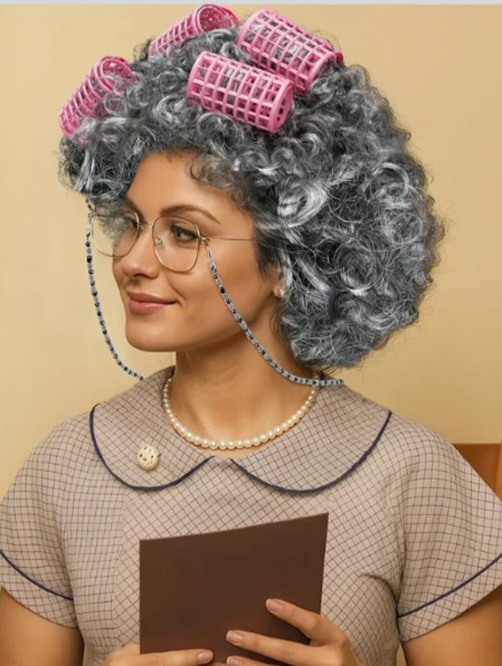 Old Lady Gray Curly Wig with Pink Rollers Costume Set NWT